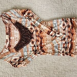 Daytrip Brown and Tan Graphic Fitted Long Sleeve Blouse